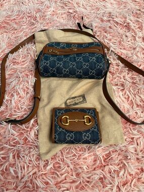 Gucci Blue Denim and Brown Leather Crossbody Bag with Matching Wallet